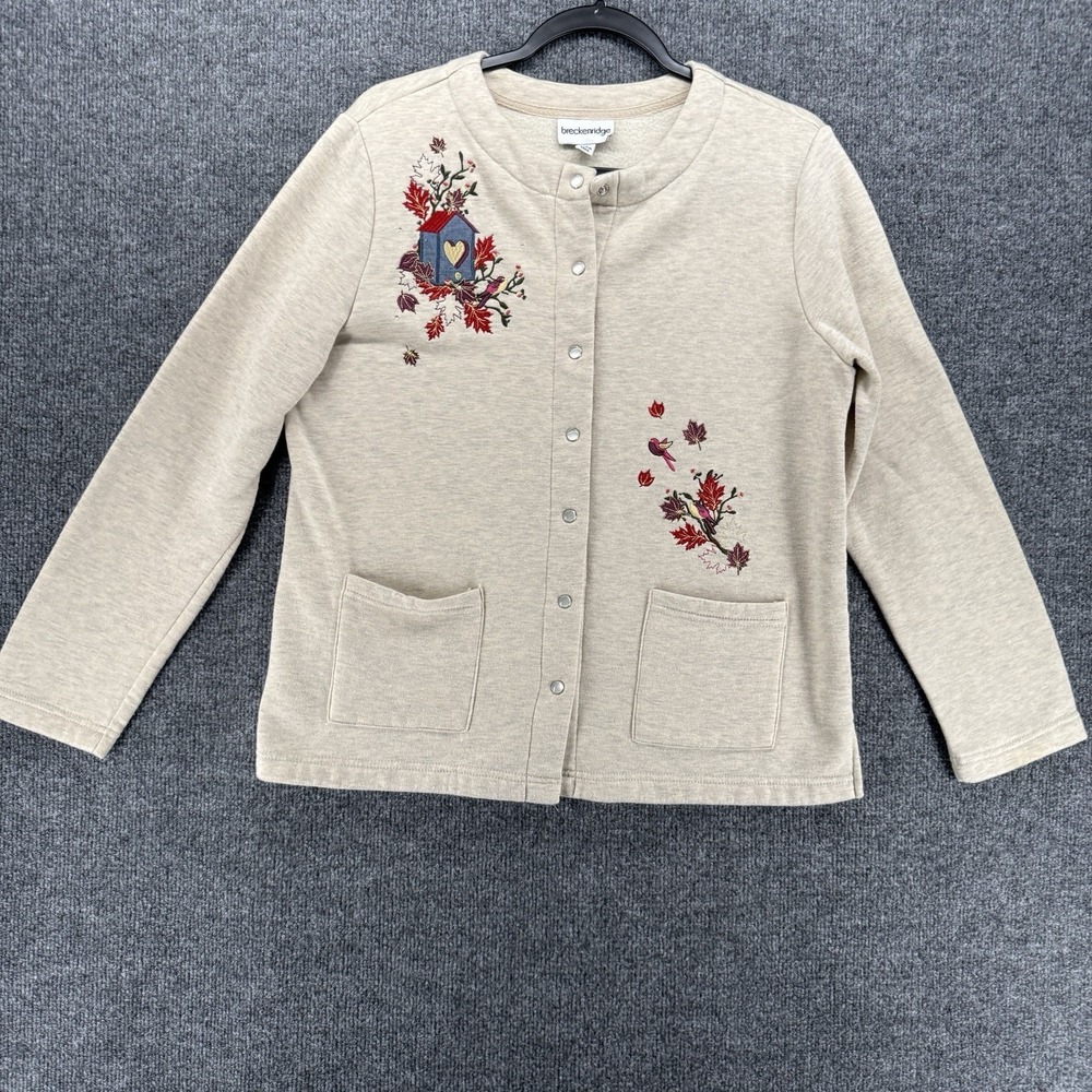 Breckenridge Sweater Womens M Leaf Print Snap On Cardigan Fall Grannyore Cottage